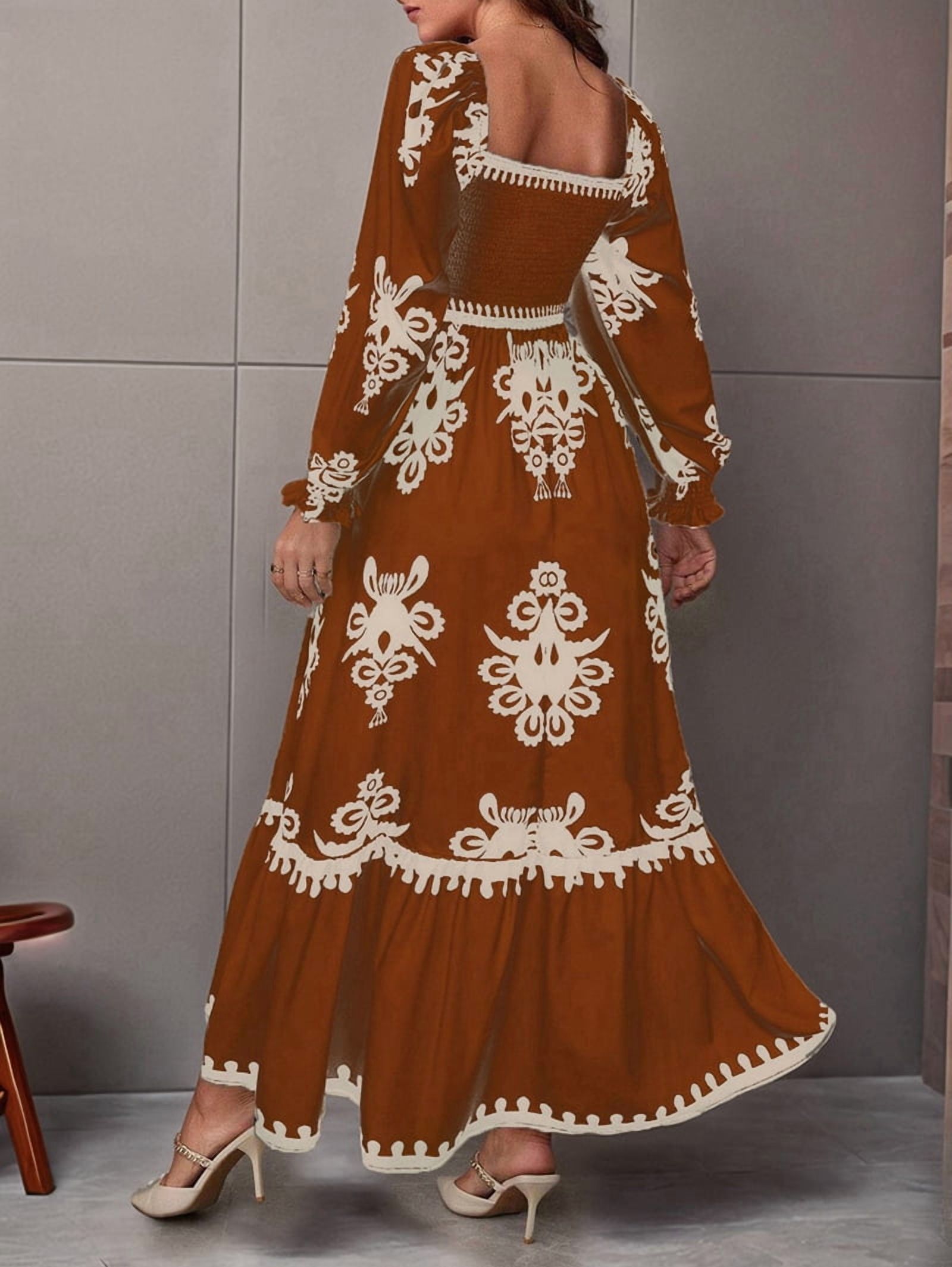 Women'S Autumn Wedding Guest Dress Bohemian Floral Long Sleeve V-Neck Flowing Elegant Maxi Dress Beachwear Brown M