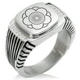 thumbnail image 1 of Stainless Steel Kage Yae Mukou Ume Kamon Crest CZ Ribbed Needle Stripe Pattern Biker Style Polished Ring, 1 of 1