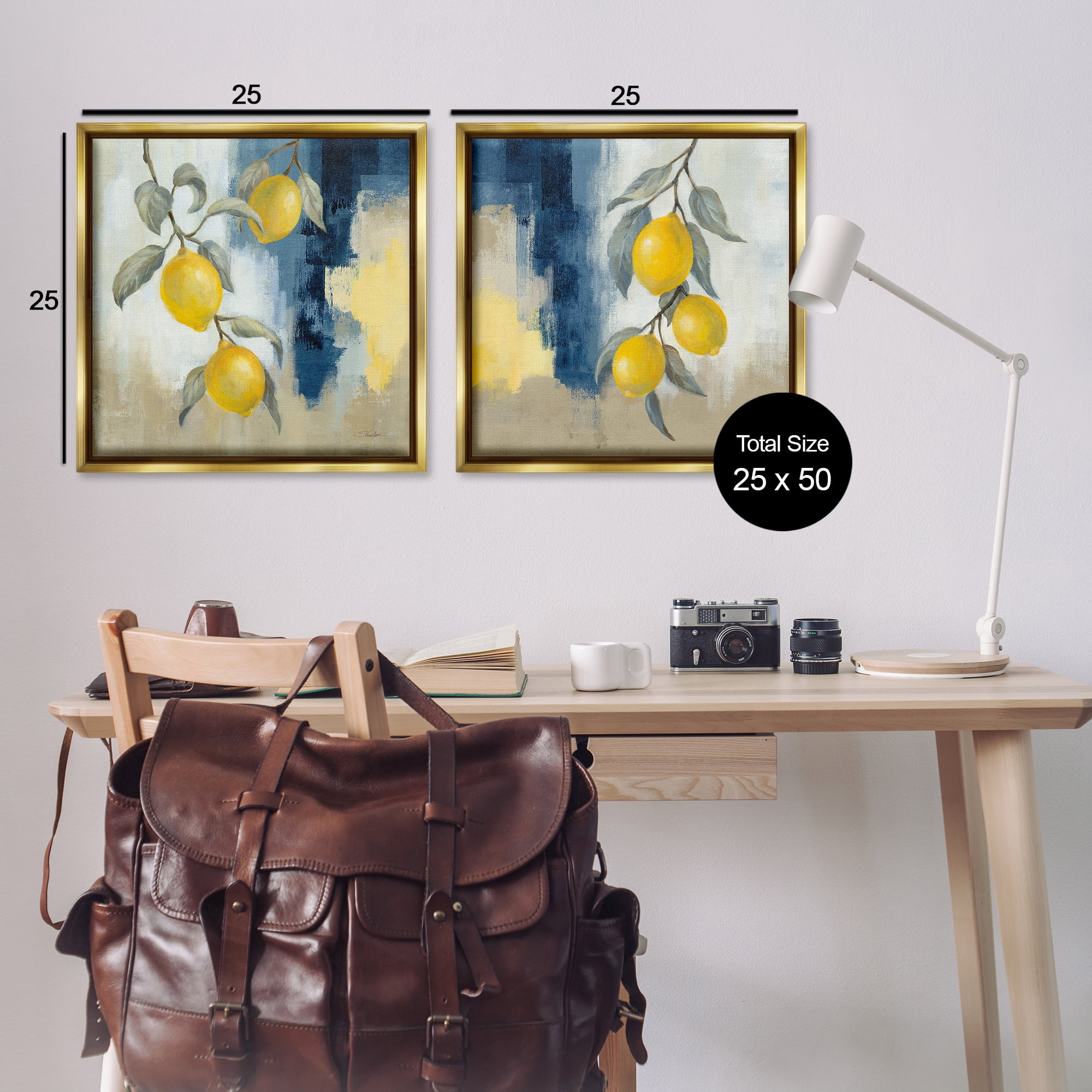 Stupell Industries Abstract Hanging Lemon Fruits Food & Beverage Painting Gold Floater Framed Canvas Art Print Wall Art, 25 x 25, Set of 2