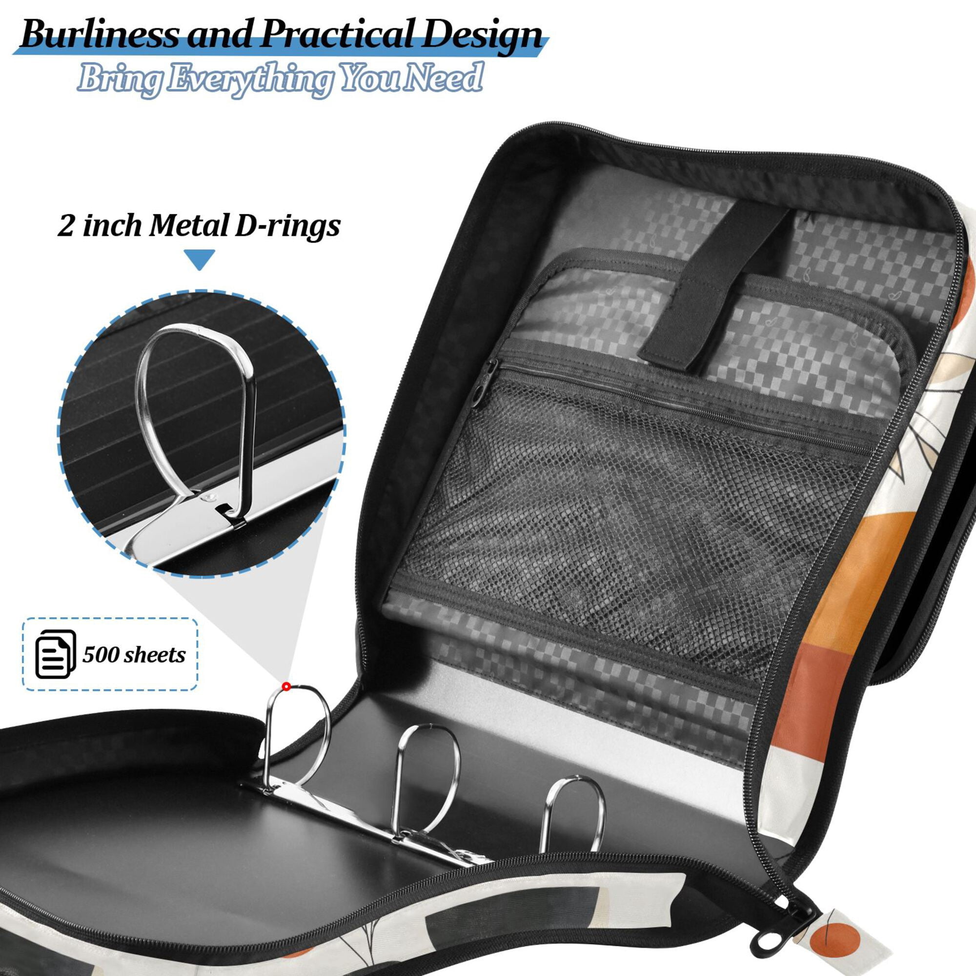 FORMRS Zipper Binder with Shoulder Strap 2-inch Ring 500 Sheet Capacity File Bag, White Abstract Shapes