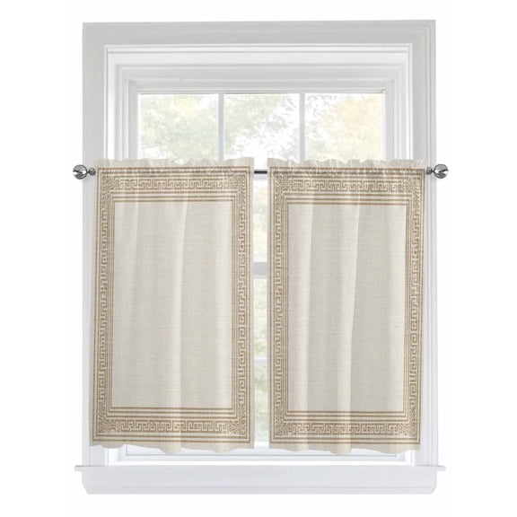 Beige Geometric Tier Curtains 45 Inches Long, Brown Greek Key Design Burlap Modern Art Window Treatment Curtain Drapes, Window Half Privacy Curtains for Bedroom Bathroom, 42"x45", 2 Panels