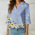 thumbnail image 3 of Teissuly Women's Casual Round Neck Button Cotton Linen Printed Three Quarter Sleeve Top, 3 of 5