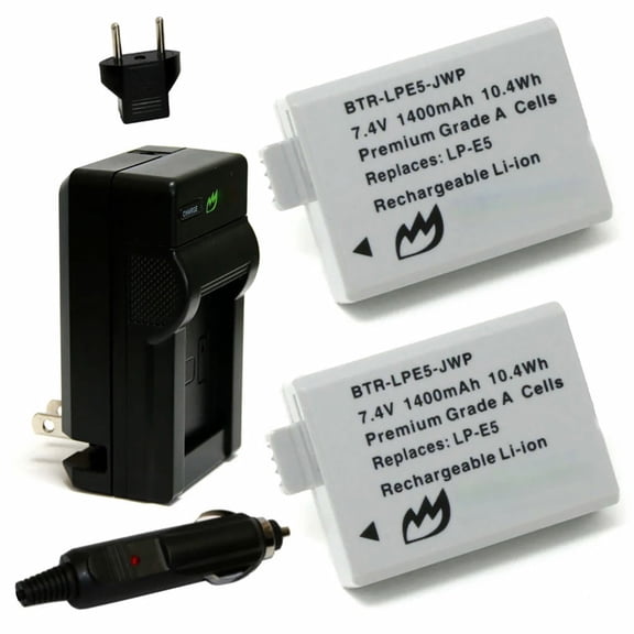 Replacement for Canon LP-E5 Battery (2-Pack, 1400mAh) and Charger with Car Adapter