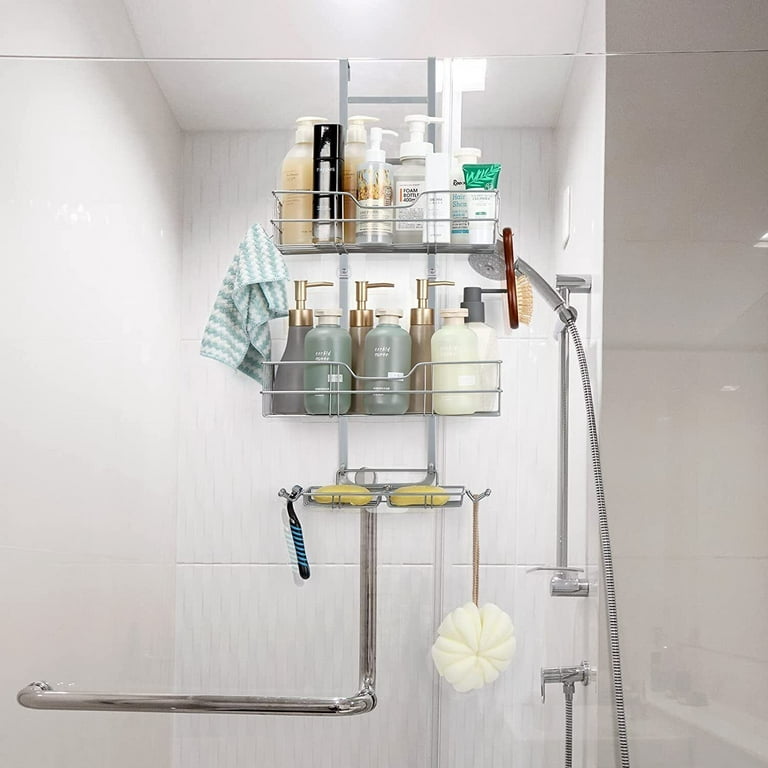 3 Tier Hanging Shower Caddy Over The Door No Drilling Adhesive Shower Organizer, Size: 12, Silver