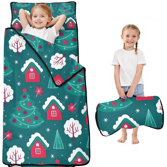 Dark Green Christmas Tree and House Pattern Toddler Nap Mats for Kids Preschool,50"x20" Sleeping Mat Bag or Kids,Toddler Sleeping Bag,Toddler Nap Mat or Daycare