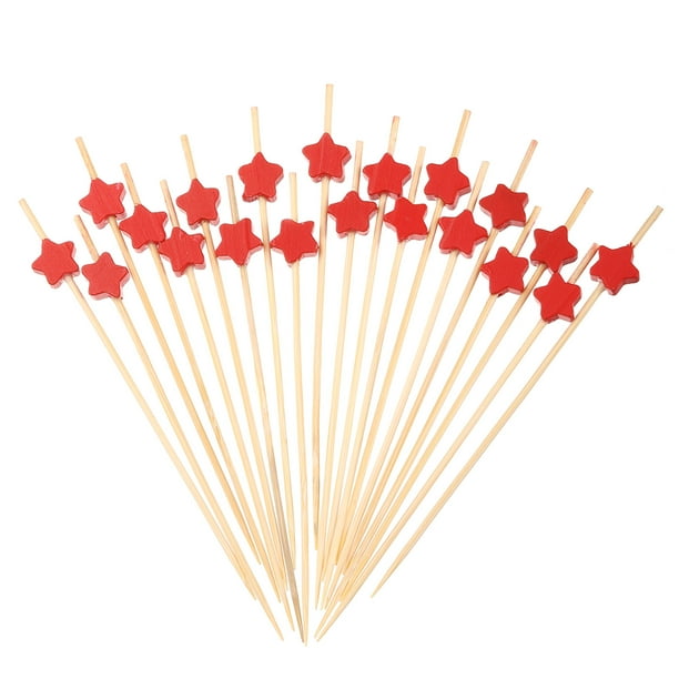 Uxcell 200Pcs Palillos de Cóctel en Forma de Estrella de Bambú para Bebidas, Comida y Frutas, Rojo