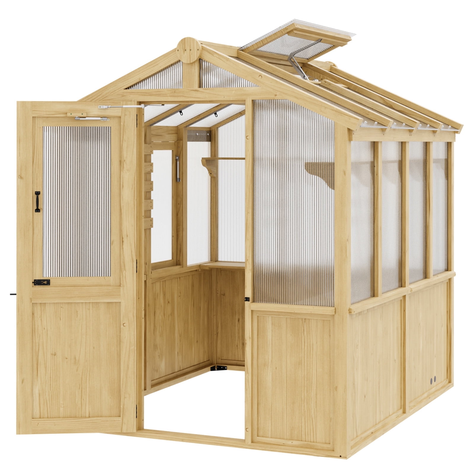 EAGLE PEAK 7.5x6.7x7.7 ft Wood and Polycarbonate Walk-in Greenhouse, Cedar Framed Hobby Greenhouse with Roof Vent, Natural