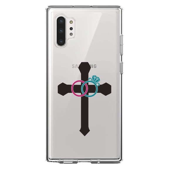 DistinctInk Clear Shockproof Hybrid Case for Galaxy Note 10 PLUS (6.8" Screen) - TPU Bumper Acrylic Back Tempered Glass Screen Protector - Wedding Rings Cross Jesus