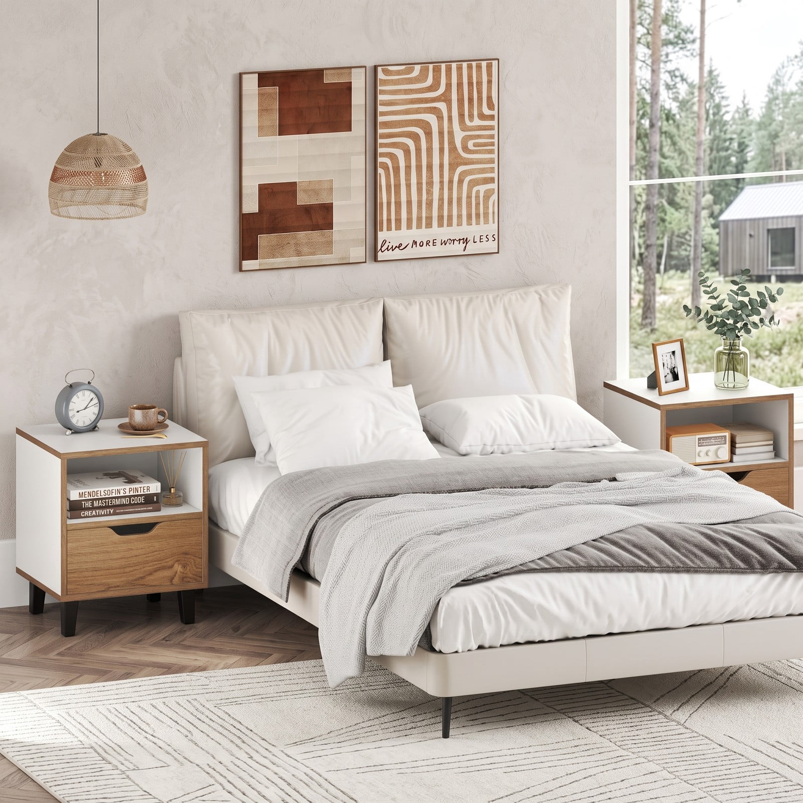 Furnibear Nightstand Set of 2 with Drawer and Open Storage Shelf for Bedroom Living Room and Small Spaces, White and Natural