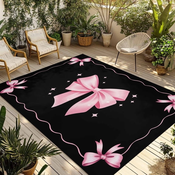 Valentine's Day Outdoor Rug for Patio/Deck/Porch, Non-Slip Large Area Rug 3 x 5 Ft, Pink Bowknot Ribbon on Black Mother's Day Indoor Outdoor Rugs Washable Area Rugs, Camping Rug Carpet Runner