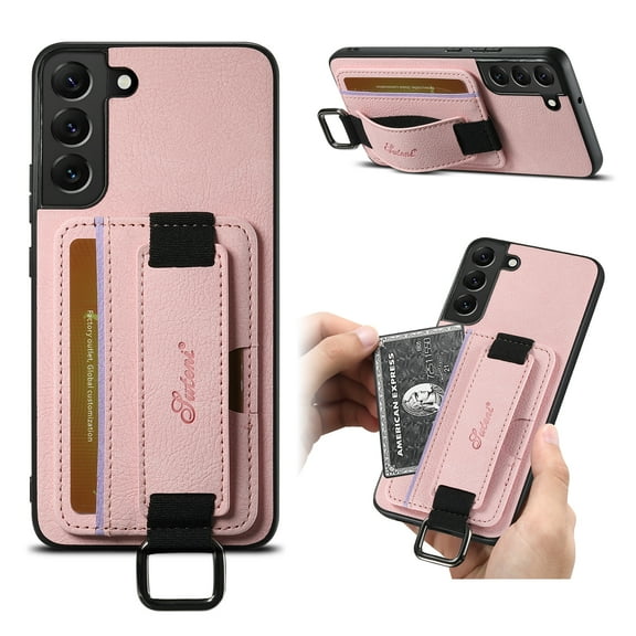 for Samsung Galaxy S22 Plus PU Leather Card Slots Back Case, Classic Wristband Kickstand Finger Ring Shockproof Protective TPU Frame Case for Samsung Galaxy S22 Plus Women Men Boys Girls, Pink
