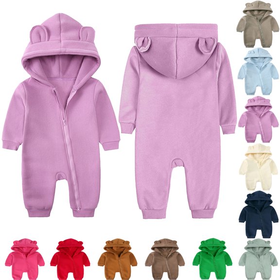 Outfit Suit Girls Boys Fleece Jumpsuit Romper Hooded Toddler Kids Boys And Girls Solid Color Cute Long Sleeve Hooded Romper Jumpsuits Purple 0 Months