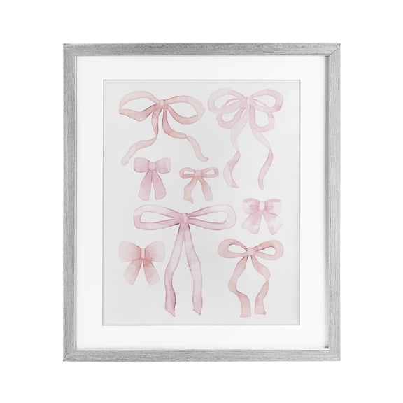 Feminine Chic Bows Gray Framed Print Under Glass, design by Kim Allen