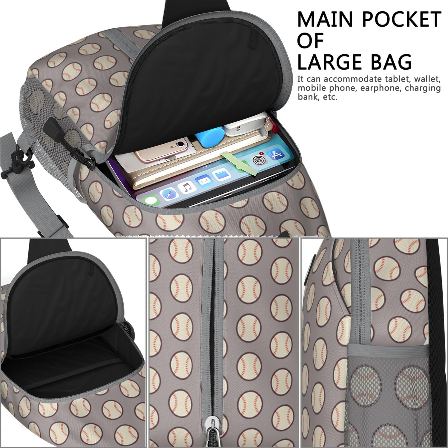 Sports Print Sling Backpack with Baseball, Football, and Soccer Themes – Water-Resistant Crossbody Bag with Anti-Theft Pocket, Large Storage Compartments, Adjustable Strap, Ideal for Boys