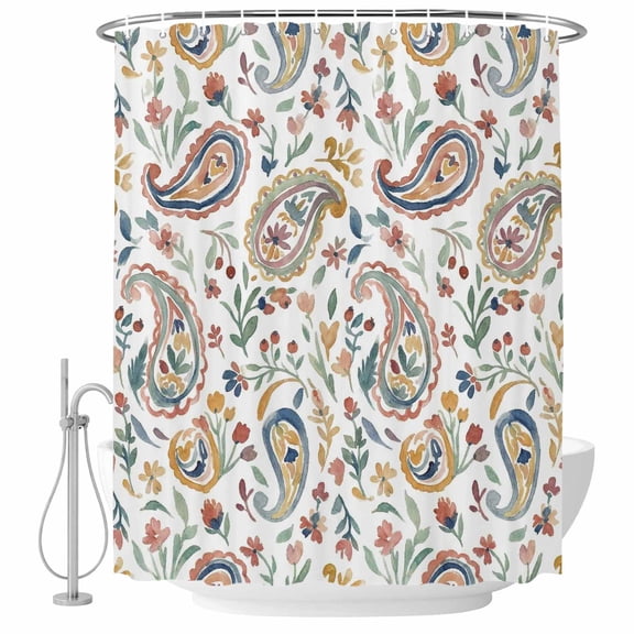 Small Stall Shower Curtain 36x78 Inch Narrow Half Size Paisley Flower Bath Curtains Bathroom Decor, Spring Watercolor Country Floral Leaf Plant Waterproof Fabric Shower Curtain Set with Hooks 36 Inch