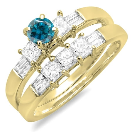 1.00 Carat (ctw) 10K Yellow Gold Round Princess & Baguette Cut Blue & White Diamond Ladies Bridal Engagement Ring Set 1