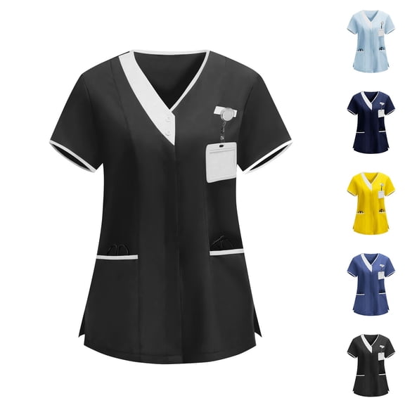 Hinvhai Scrubs for Women V-Neck Short Sleeve Scrub Tops Summer Comfort Fit Scrub Shirts with Pockets Yellow XL(XL)