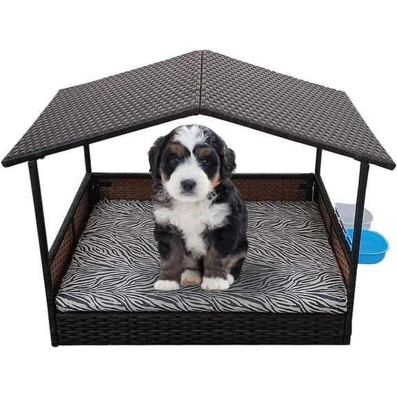 Outdoor Wicker Dog House with Canopy, Rattan Outside Dog Shelter with Removable Cushion Lounge, Washable Cover, Dog Bowl, Elevated Raised Rattan Dog Bed for Small to Medium Dogs & Cats