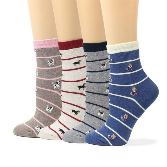 LIVEBEAR Women's 4/5 pack Cute Puppy Mania Small Print Funny Novelty Crew Socks Made In Korea