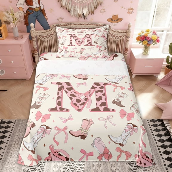 Erosebridal Pink Beige Bowknot Letter M Twin Sheet Sets, Western Cowgirl Boot Bedding for Girls, 3 Pieces