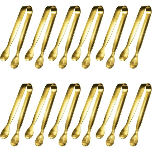 ZHUYING 12 Pcs Serving Tongs, Small Serving Utensils for Parties Catering Gold Tongs, Food-Grade 304 Stainless Steel Mini Appetizer Tongs for Tea Party Coffee Bar, 4" Sugar Tongs - Gold