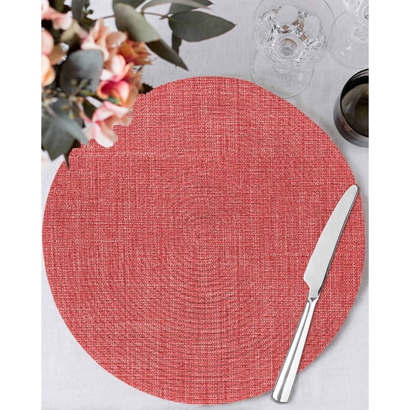 13 Inch Round Placemats Set of 4, Vintage Coral Red Non Slip Heat Insulation PP Table Mats, Farmhouse Retro Solid Color Linen Texture Washable Place Mats for Kitchen Dining Party Table Decor