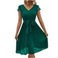thumbnail image 2 of Puntoco Vestido De Manga Corta Con Cuello En V, Vestido Plisado De Color Liso Con Costuras De Encaje Para Mujer Verde L, 2 of 7