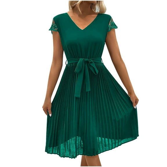 BangWanChi Sundresses for Women 2026 Women's Lace Patchwork Solid Color Pleated Dress Short Sleeve V-neck Dress