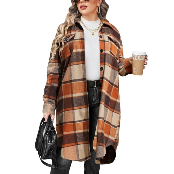 Zeagoo Womens Plus Size Flannel Plaid Button Down Shirts Long Sleeve Lounge Lapel Tartan Shacket Jacket Long Coats 2025