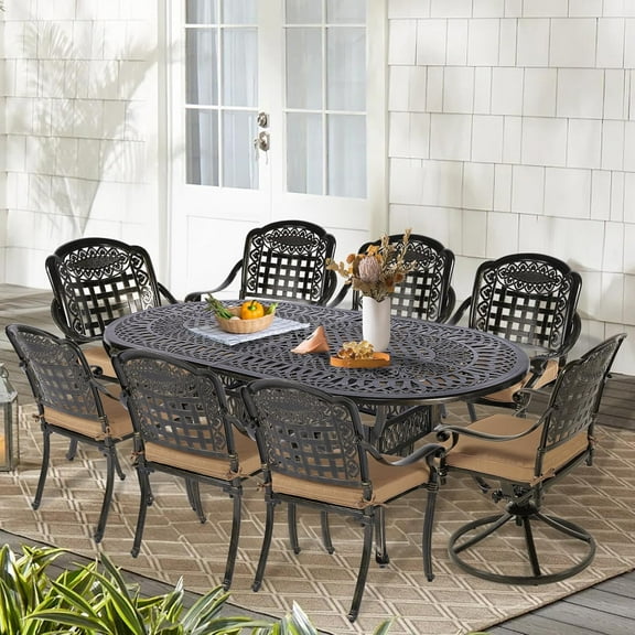 9-Piece Patio Cast Aluminum Dining Set, 8 Person Outdoor Dining Furniture Set, includes 6 Stationary, 2 Swivel Dining Chairs, 84" Oval Table w/Umbrella Hole for Patio Garden, Tan