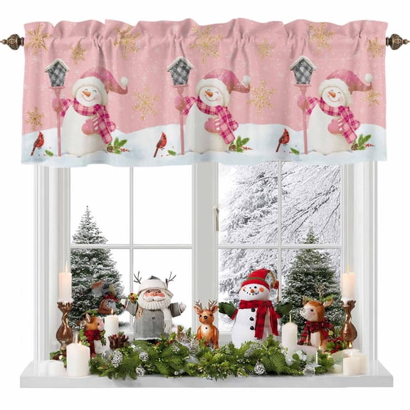 Curtain Valance for Windows,Cartoon Winter Snowman Kitchen Valances Rod Pocket Short Curtains,Gold Snowflake on Pink Window Treatment Panel for Bedroom Bathroom 54x18in