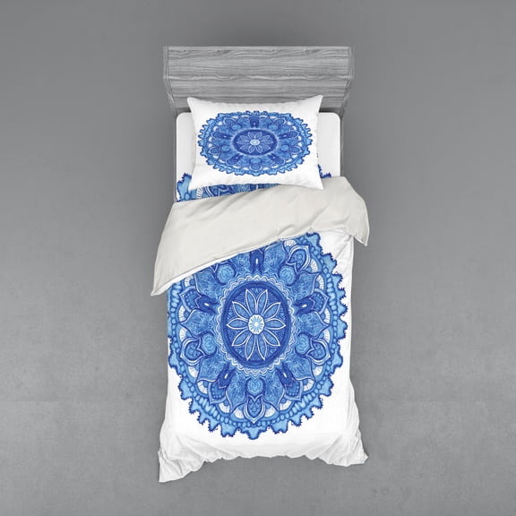 Ambesonne Mandala Bedding Set 3 Pcs, Monochromatic Medallion, Twin, Azure Blue Violet Blue