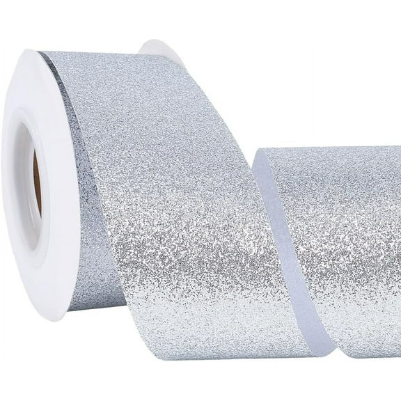 10 Yards 1.5 Inch Silver Glitter Ribbon Polyester Sparkle Satin Ribbon Metallic Bling Sparkling Christmas Fabric Ribbons Bulk with Spool for Sewing Making Craft Wreath Gift Wrapping Birthday