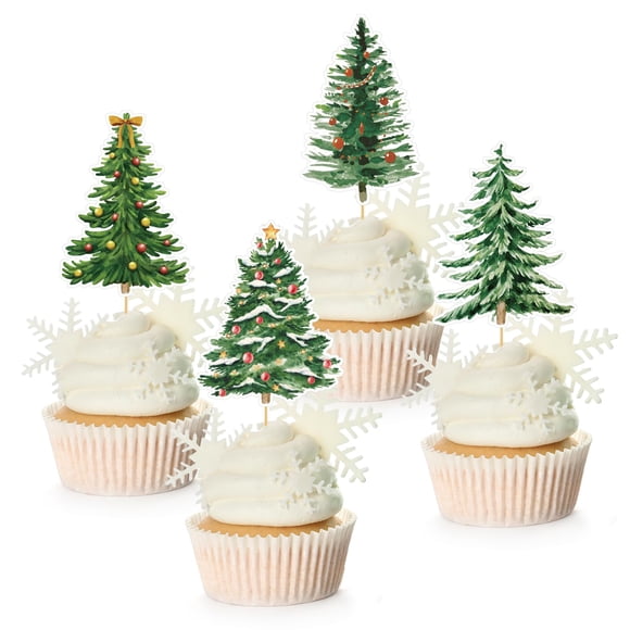 Whaline 48 Pcs Décorations de Cupcakes Arbre de Noël 4 Designs Aquarelle Décorations de Gâteaux Assorties Xmas Vert pour Anniversaire Fête d'Hiver