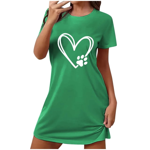 Tnhcen Stretchy Plus Size Sleep Dress Short Sleeve Round Neck Front Print Polyester Spandex S-2XL for All Body Types
