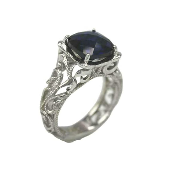 HeartsAndYou 2ct Natural Cushion Blue Sapphire Ring Milgrain Filigree 14k SOLID White Gold