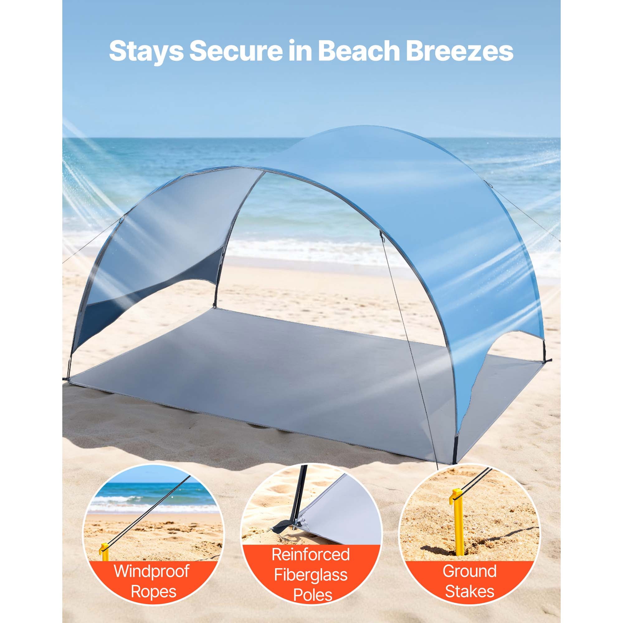 KFFKFF Beach Tent Sun Shelter for 4 People, UPF 50+ Protection, Portable Sun Shade Canopy with Carry Bag & Ground Stakes, Lightweight and Simple Setup for Camping, Fishing, Outdoor Picnics