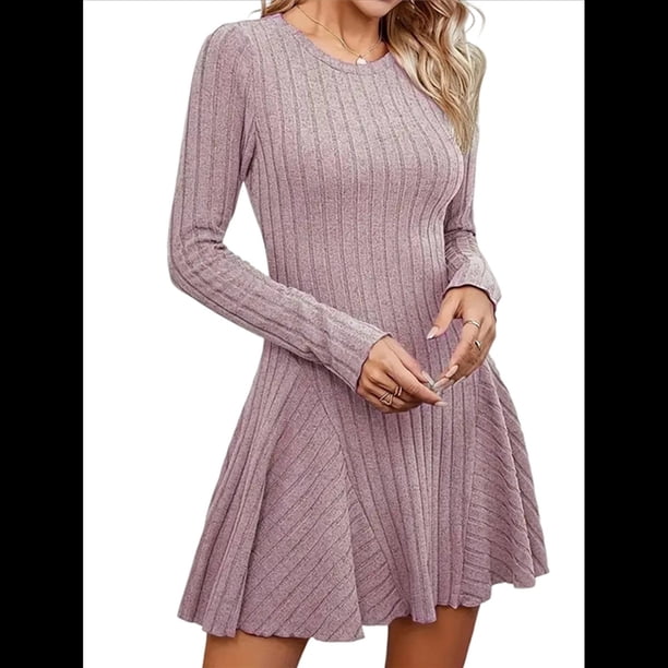 Vestido de Suéter de Larga, Vestido de Otoño, Cuello Redondo, Cintura Alta, Vestido Ajustado, Vestido Casual para Mujer Rosa XL