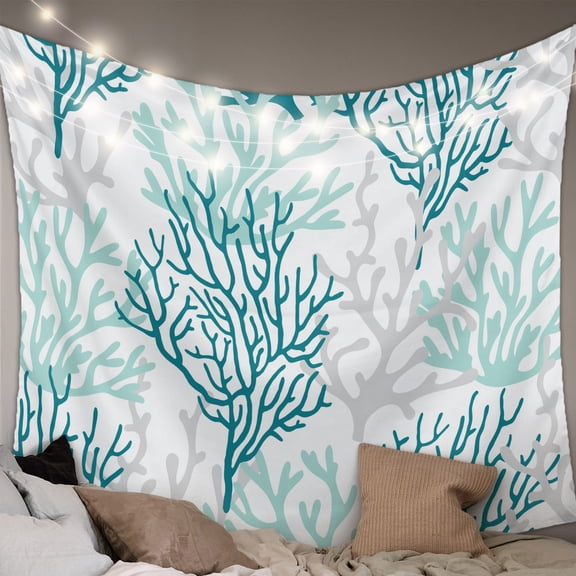 Teal Grey Coral Coastal Tapestry for Bedroom Wall Hanging Tapestry, Summer Beach Seaside Nautical Ceiling Backdrop Tapestries Poster Blanket Wall Decor for Teens Room Living Room Dorm 55" x 73"