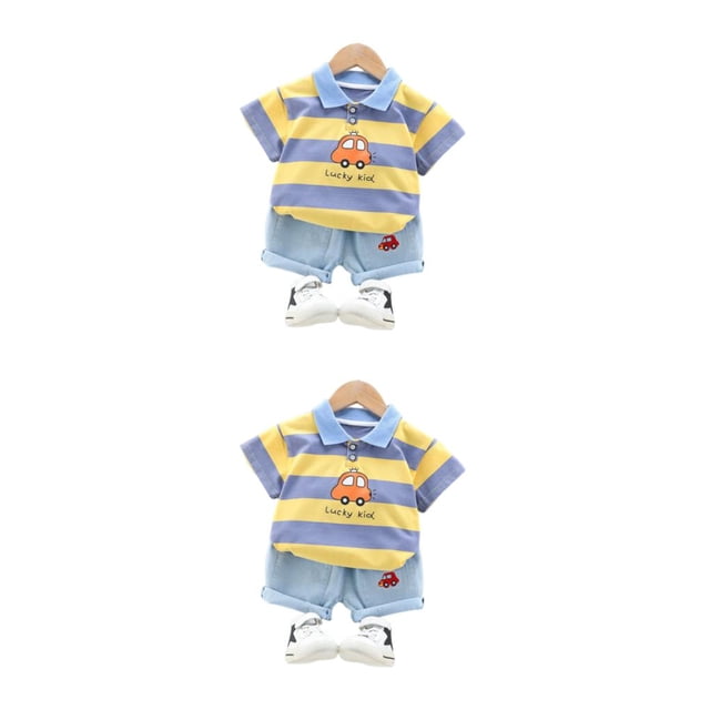 Minnieouse Conjunto de pantalón y camisa con cuello vuelto y patrón de rayas para niños, conjunto de camisetas y pantalones cortos para niños Amarillo 100cm 2piezas