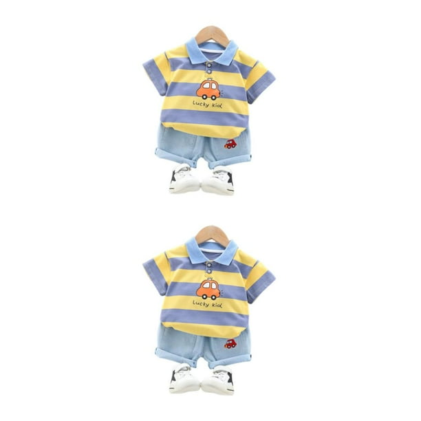 Qarigey Lindo estilo casual niños patrón de rayas camisa pantalón conjunto senderismo fiesta niños niñas tops pantalones cortos kit ropa Amarillo 90cm 2piezas
