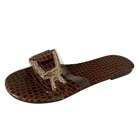 

Mackneog Women s Large Size Solid Color Textured Metal Buckle Flat Sandals Slippers Gift on Clearance