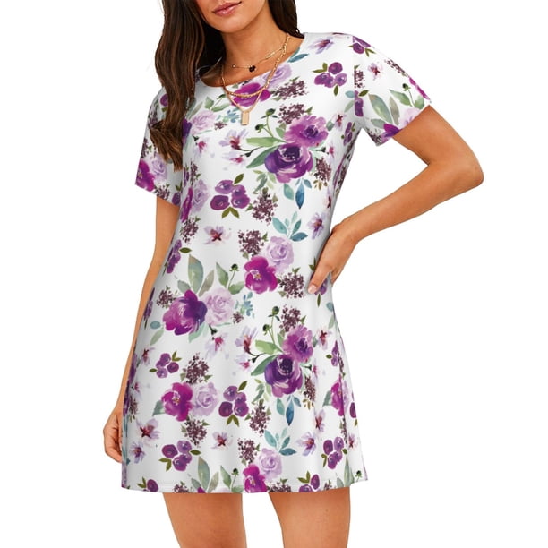 Disketp Violets Flowers para Camisón Corto de Manga Corta para Mujeres, Camisón Cómodo con Escote Redondo, Bonito y Confortable