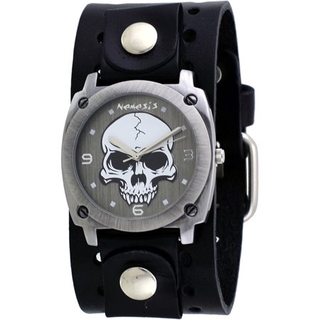 - B926K Men's Gun Metal Skull Dial Wide Leather Cuff Band Watch