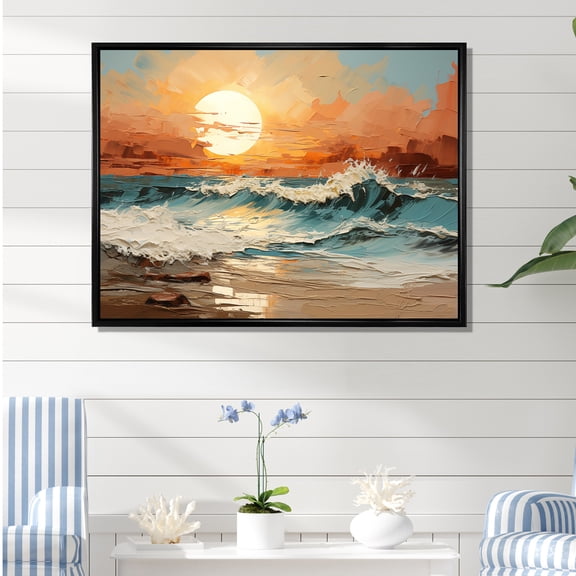 Designart "Striking Scenery Of Beach Sunset I" Coastal Sunset Floater Framed Canvas Wall Art