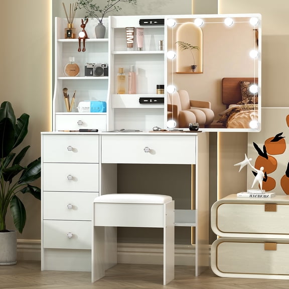 Teousev Modern Makeup Vanity w/ Lights, Vanity Desk Set with Sliding Mirror & Stool, 6 Drawers Dressing Table for Girls, White