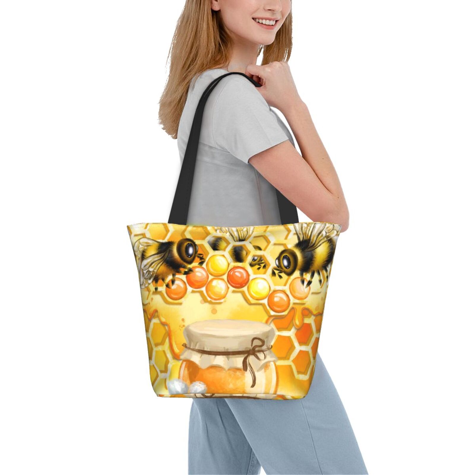 Ratiio Honey Bee Print Shoulder Bag for Women, Polyester Crossbody Purse Lightweight Handbag for Daily Travel and Casual Use
