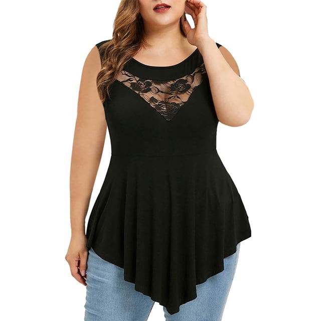 Leutsin Plus Size Women Solid Floral Lace O-Neck Asymmetric Sleeveless Plus Size Plus Size Tops Blouse