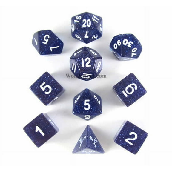 Blue Glitter Dice with White Numbers 16mm (5/8in) Set of 10 Koplow Games
