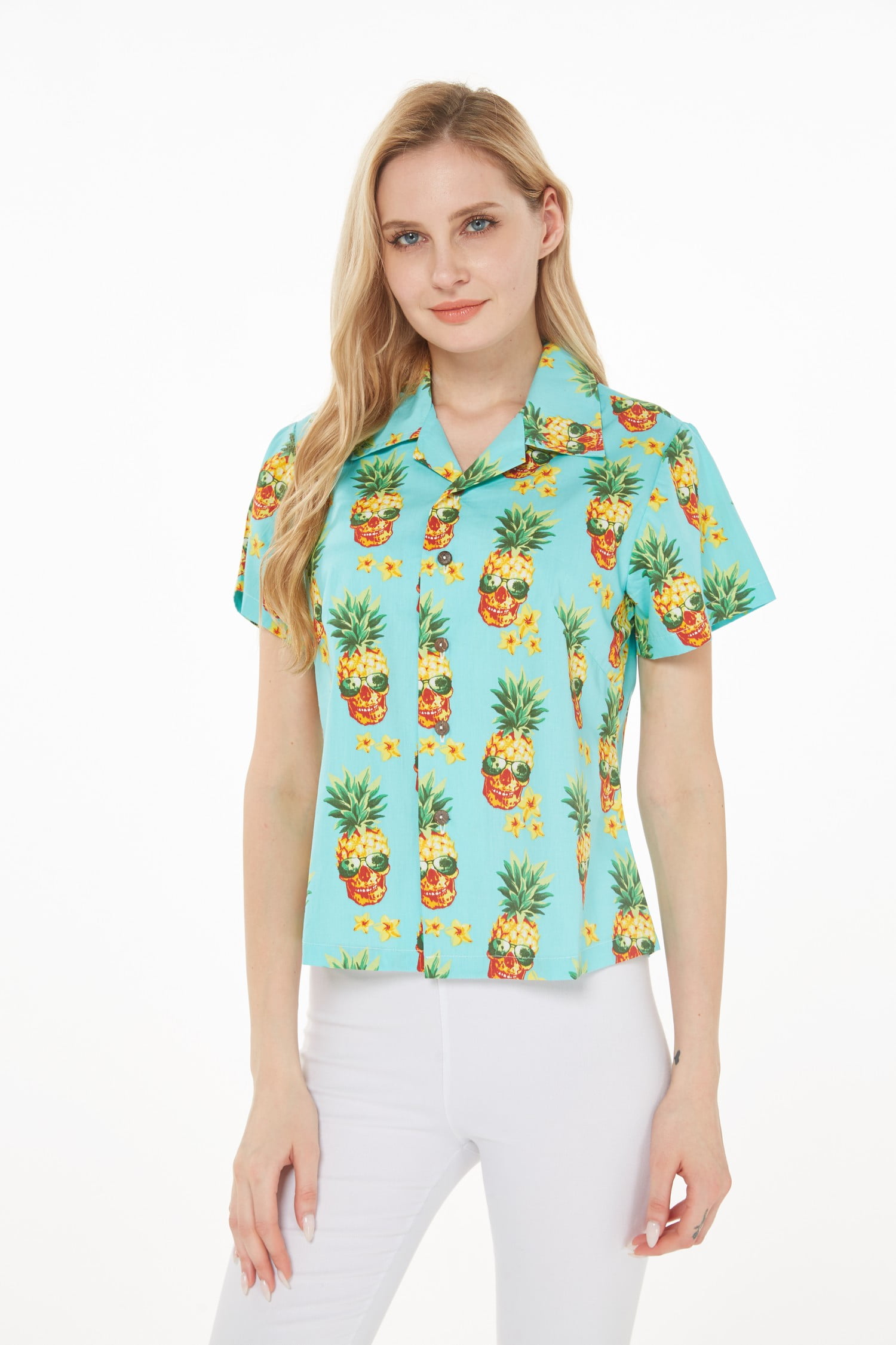 Women's Hawaiian Lady Aloha Shirt in Pineapple with Glasses in 